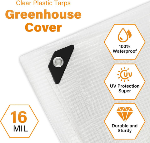 16 Mil Greenhouse Cover,Clear Plastic Tarps Heavy Duty Waterproof 18x24FT