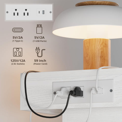 LIKIMIO Nightstand with Charging Station LED Light and 2 Drawers White