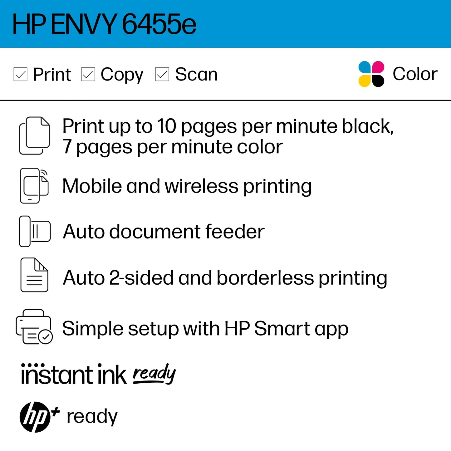 HP ENVY 6455e Wireless Color Inkjet Printer, Print, scan, copy, Easy setup, Mobile printing, Best for home, Instant Ink with HP+ (3 months included),white