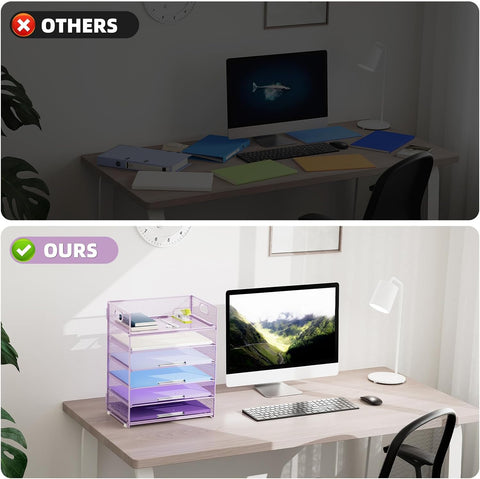 Marbrasse 2 Pack Desk Organizer with Handle, 6 Tier Paper Letter Tray, Mesh Desk File Organizer for Office, School and Home - Purple