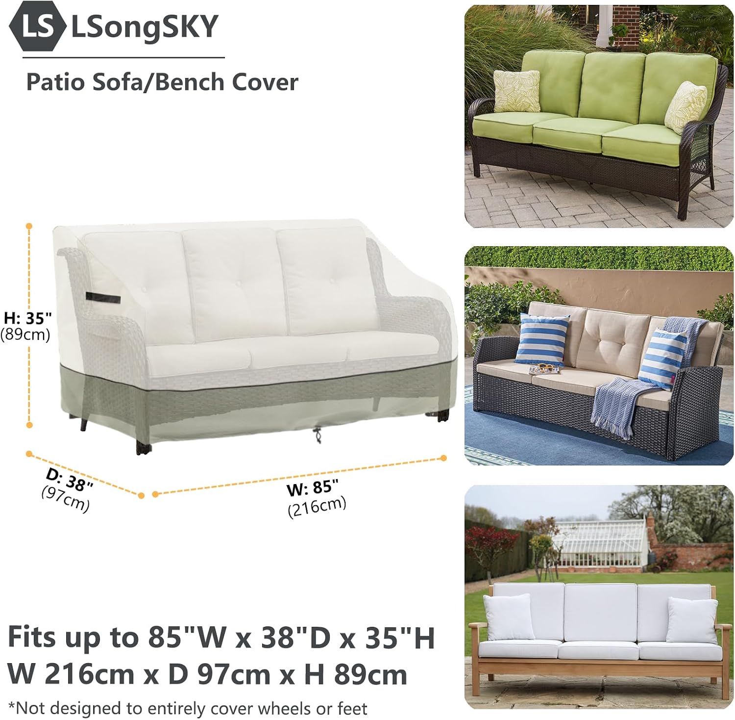Patio 3-Seater Sofa Cover,Outdoor Couch Cover Fits up to 85W x 38D x 35H Inches,100% Waterproof Heavy Duty Patio Furniture Covers,Beige & Gray-Green