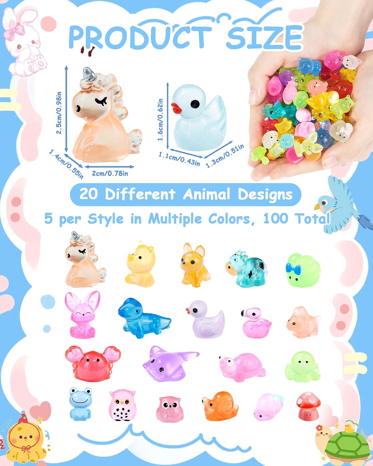 FIVEIZERO 100PCS Luminous Mini Resin Animals, 20 Styles Mini Resin Figures