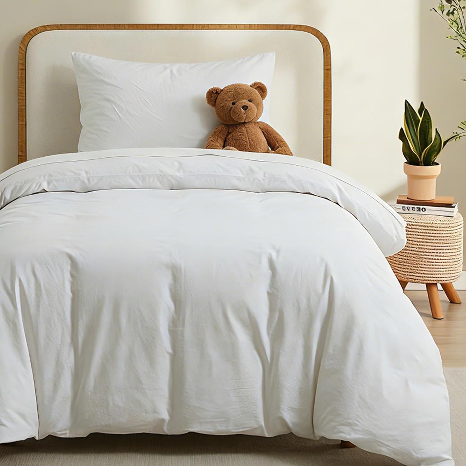 LOVQUE 100% Washed Cotton Duvet Cover, White, Twin Size, 68x90 Inches