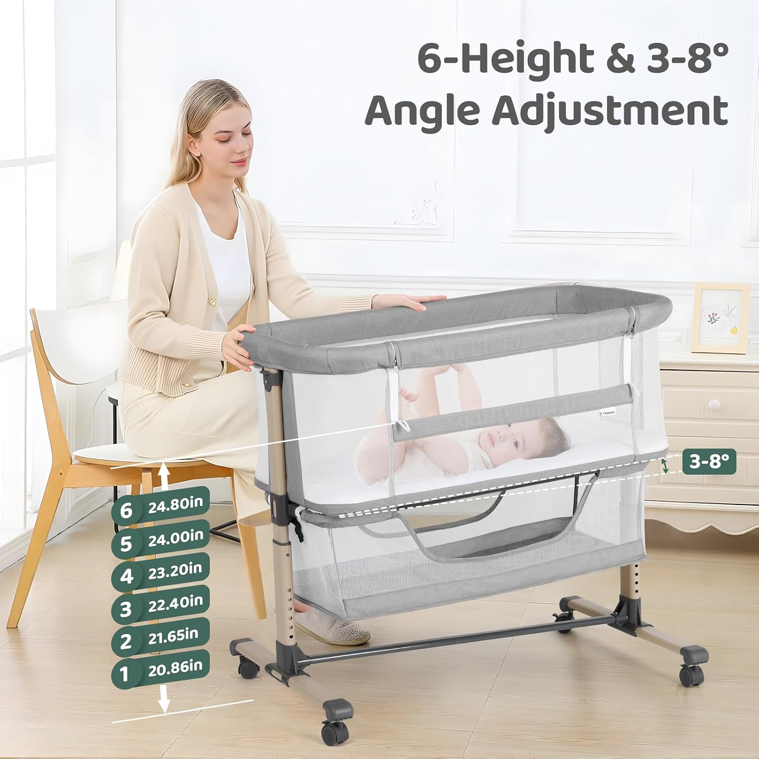 Cowiewie Bassinet Bedside Sleeper, Breathable and Adjustable, Light Grey