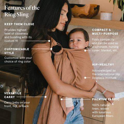 WildBird - Ring Sling Baby Carrier - 0-36 Months (up to 35 lbs) - Standard (74") Willow & Bronze Ring - Front, Hip or Back Carry - Adjustable Fit - Natural Linen - Baby Essentials - New Mom Gifts