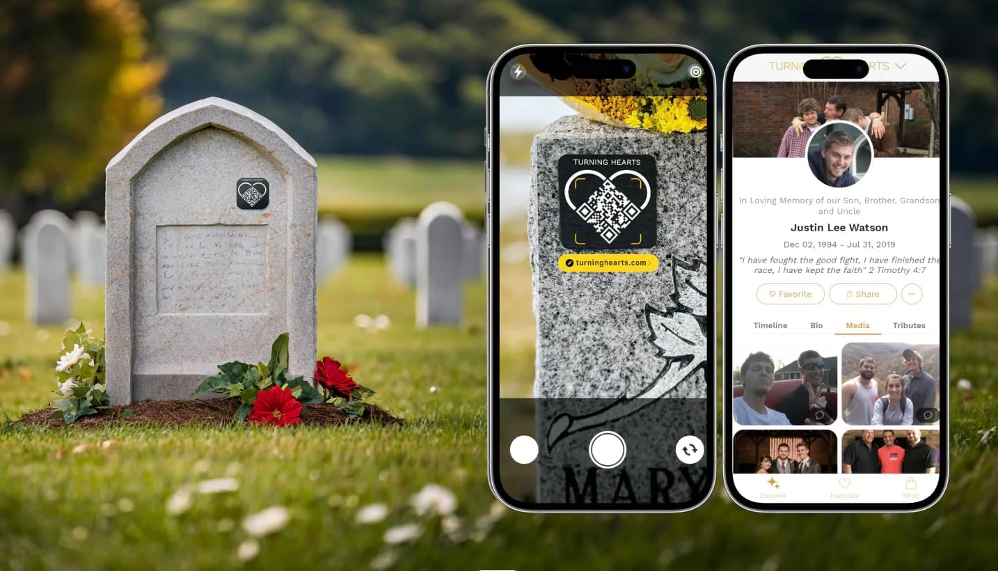 Turning Hearts QR Memorial Medallion – Memorial Website & QR Plaque for Cemetery Headstone Grave Marker, QR Code Links to Personalized Tribute Webpage, Custom Bereavement Gift for Loss of Loved One