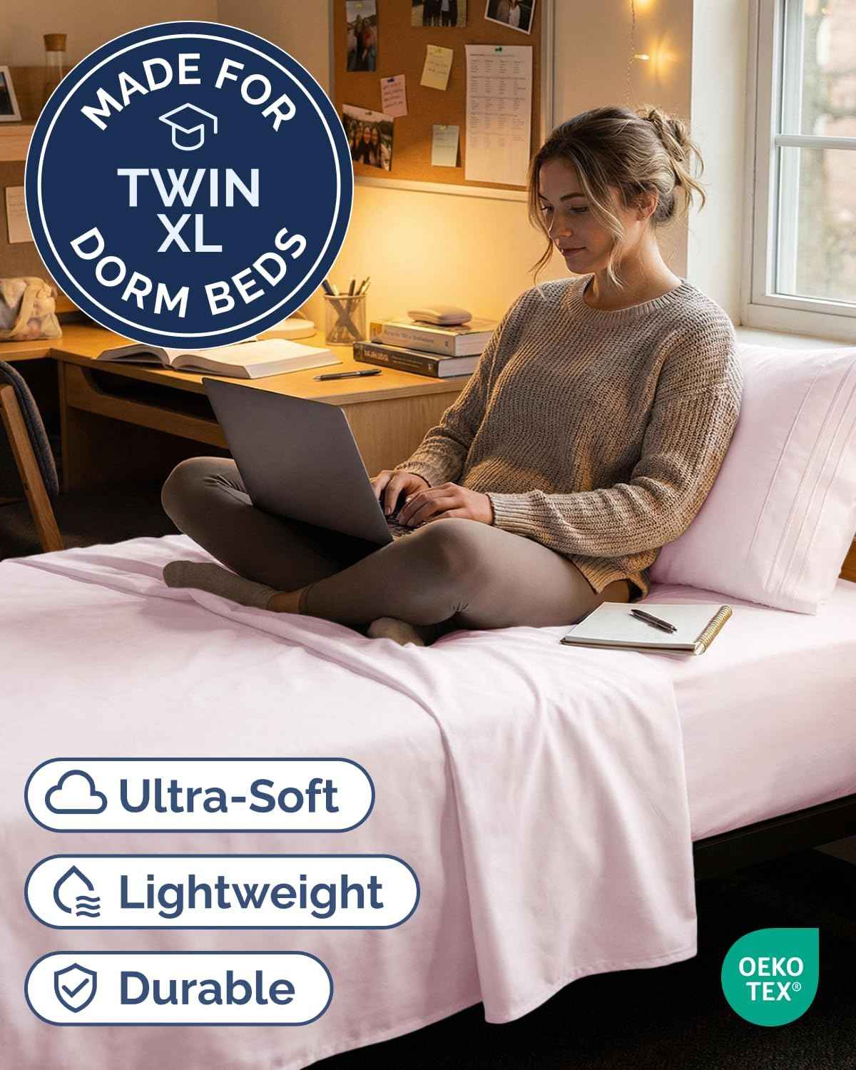 Twin XL 3 Piece Sheet Set - College Dorm Room Essentials - Lavender Pink