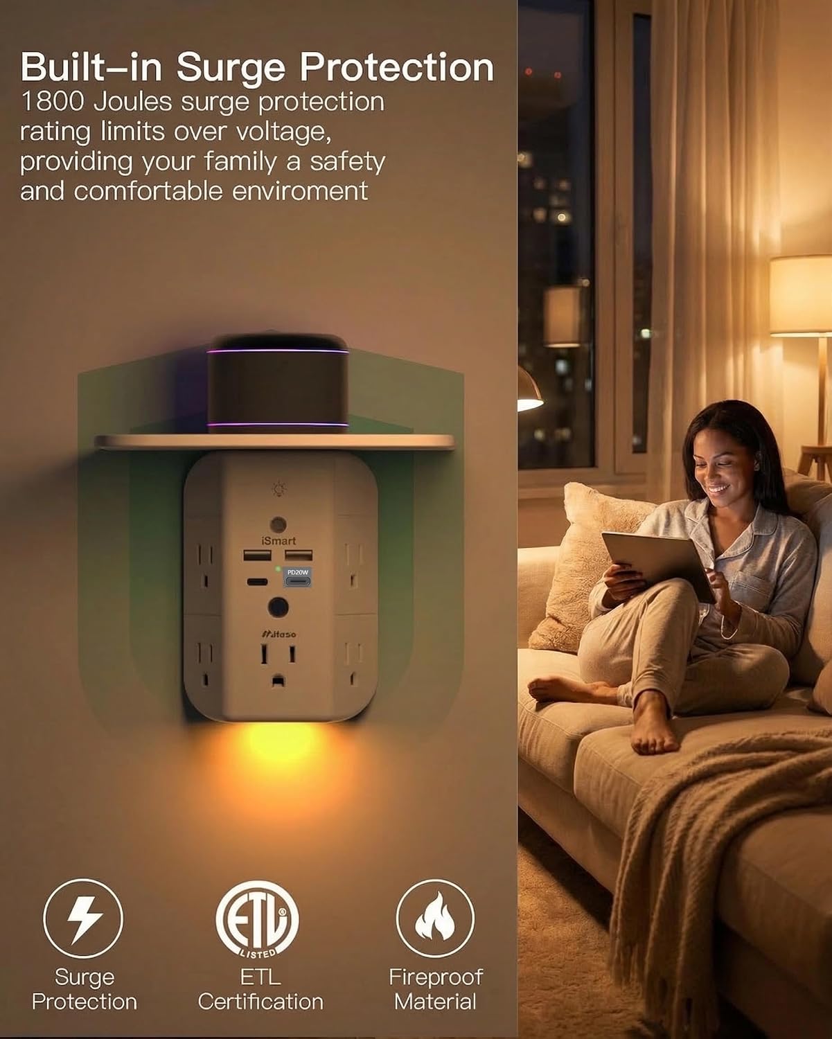 Mifaso PD20W Outlet Extender with Shelf & Night Light, Surge Protector