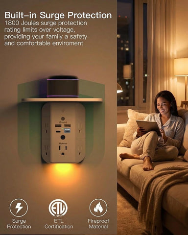 Mifaso PD20W Outlet Extender with Shelf & Night Light, Surge Protector