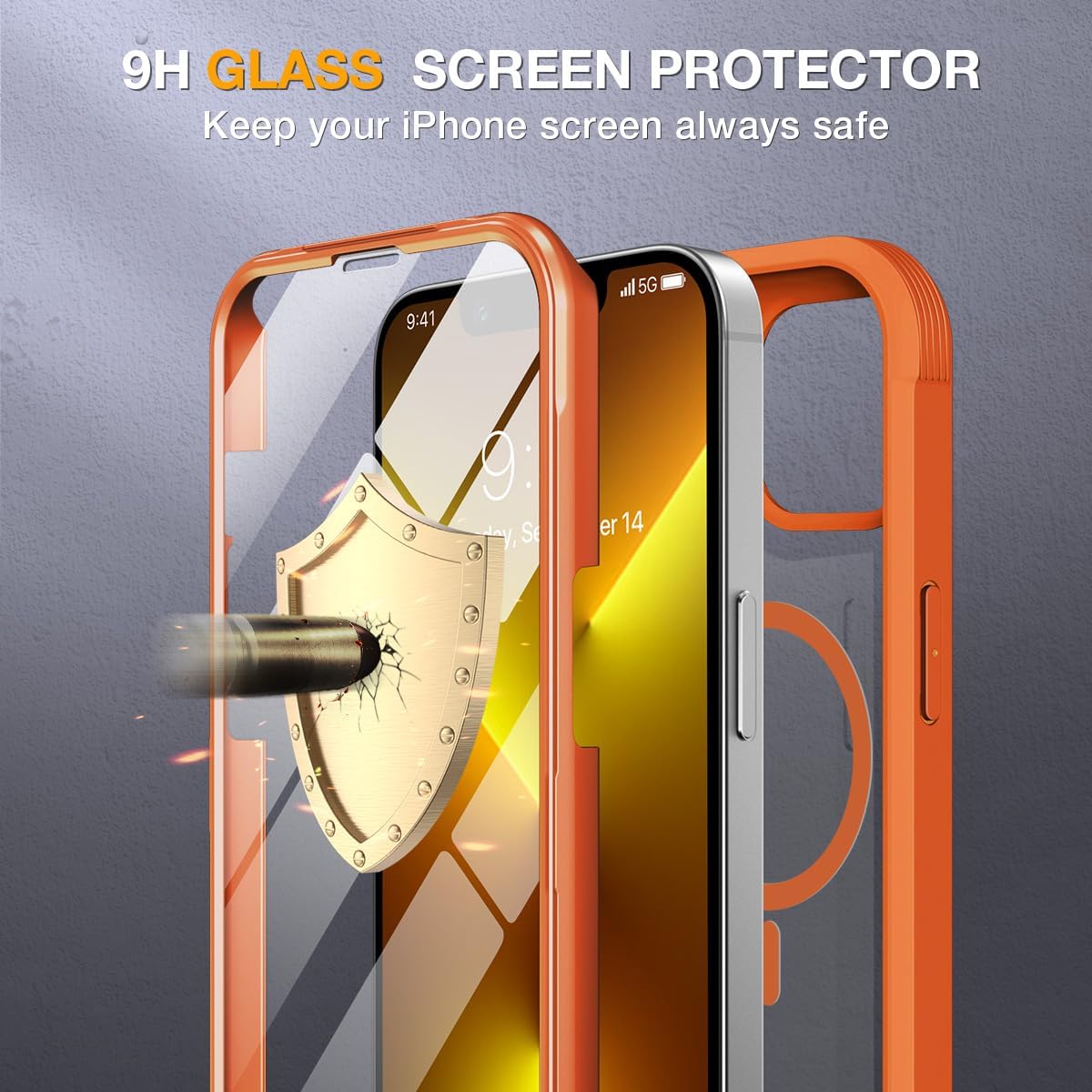 Miracase for iPhone 13 Pro Case 6.1",Built-in Glass Screen Protector,Orange