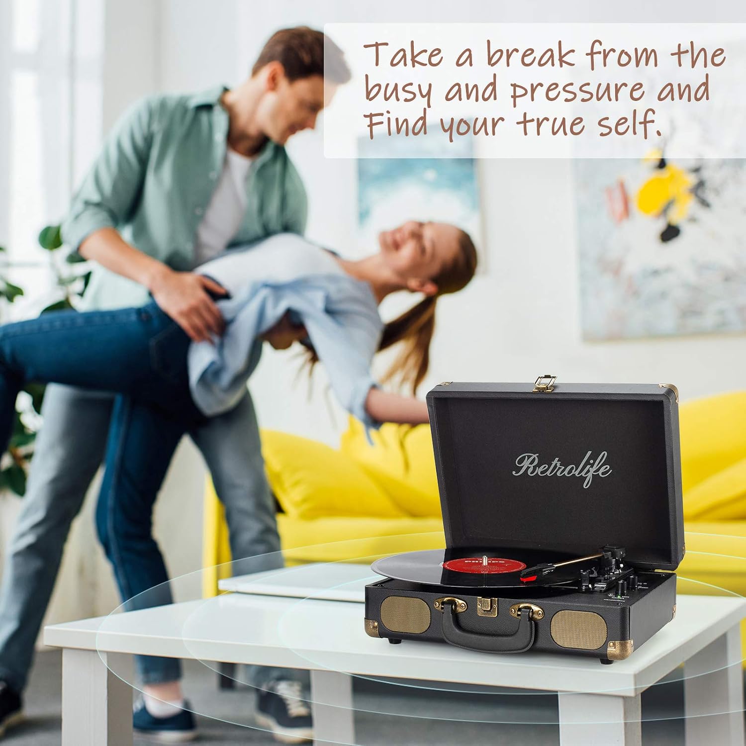 Retrolife® Vinyl Record Player with Speakers, Bluetooth Vinyl Player-Black