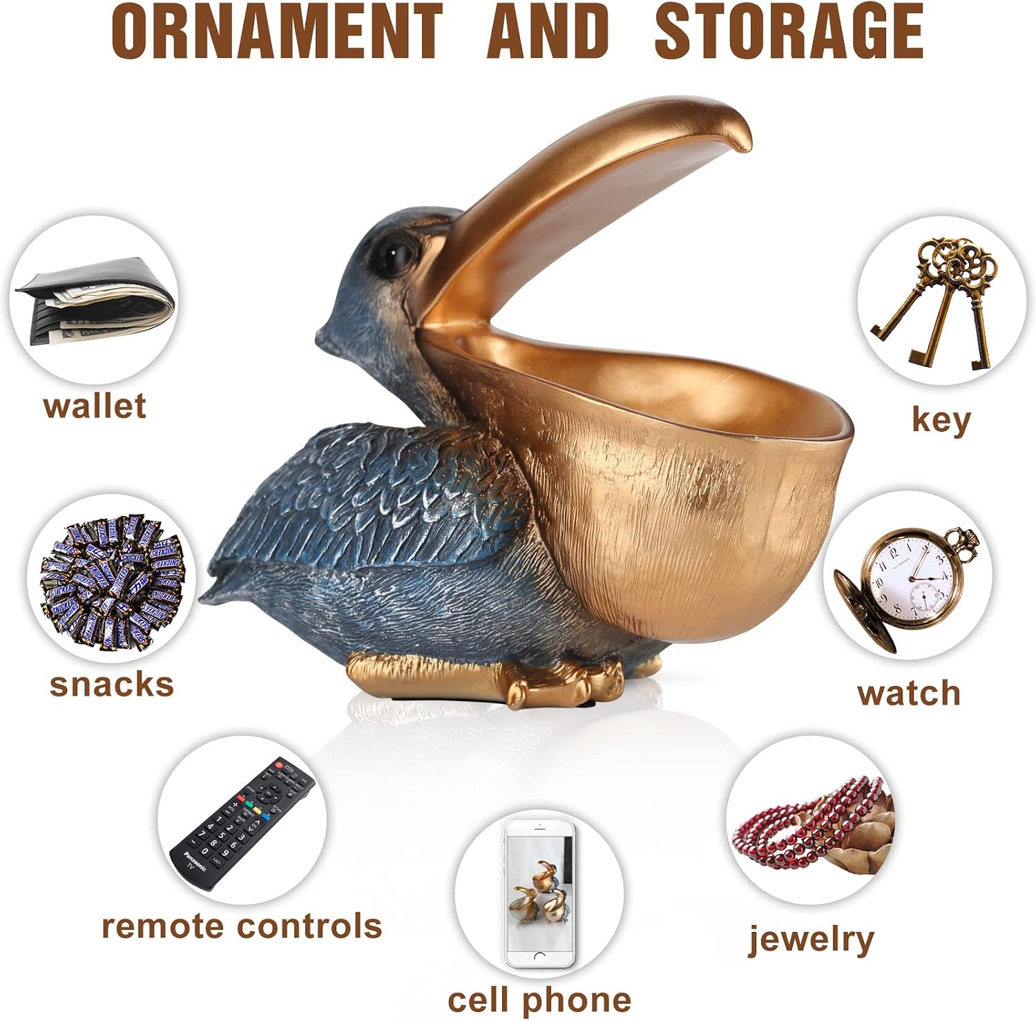 Pelican Key Holder Statues,Fun Animal Hippo Candy Dish,Candy Dish for Office Desk Unique,Modern Key Holder for Pelican Figurine,Suitability Desk candy bowl and Entry Table Decor Items(Gold1)