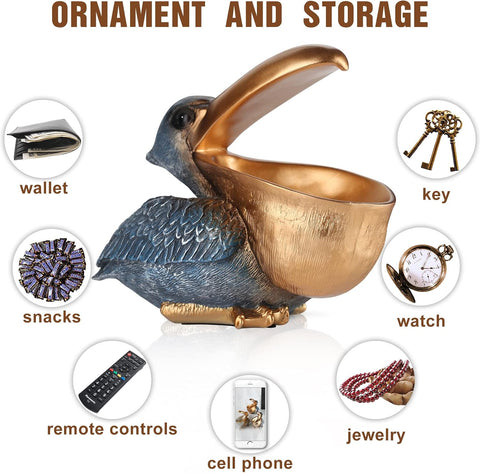 Pelican Key Holder Statues,Fun Animal Hippo Candy Dish,Candy Dish for Office Desk Unique,Modern Key Holder for Pelican Figurine,Suitability Desk candy bowl and Entry Table Decor Items(Gold1)