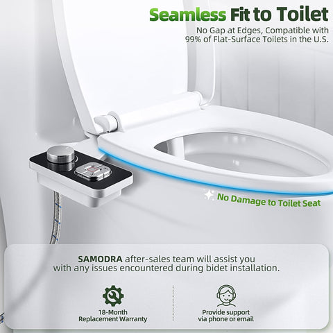 SAMODRA Bidet Attachment, Non-Electric Cold Water Bidet Toilet Seat Attachment with Pressure Controls, Retractable Self-Cleaning Dual Nozzles for Frontal & Rear Wash - Black