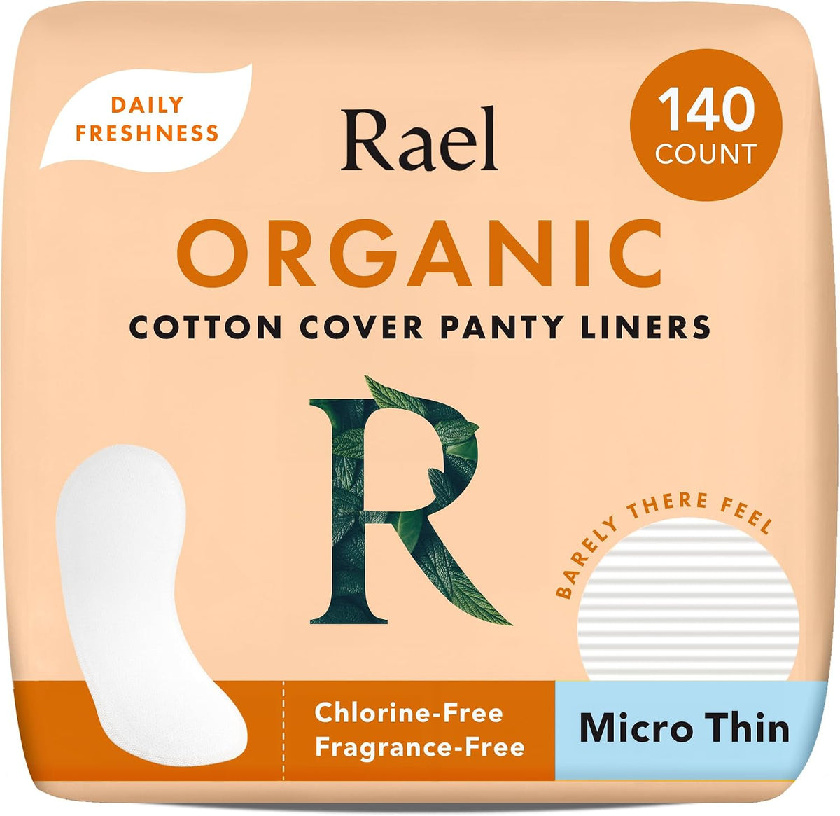 Rael Panty Liners for Women, Organic Cotton Cover (Micro Thin, 140 Count)