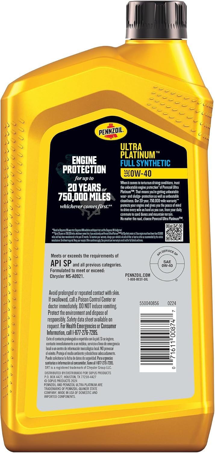 Pennzoil Ultra Platinum Full Synthetic 0W-40 Motor Oil, 1 Quart (6 Pack)