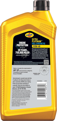 Pennzoil Ultra Platinum Full Synthetic 0W-40 Motor Oil, 1 Quart (6 Pack)