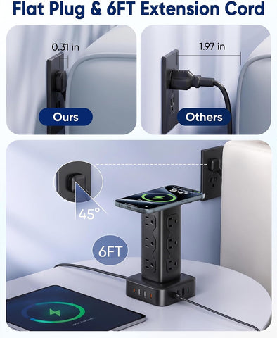 PD65W Power Strip Tower with 12 AC Outlets & 8 USB Ports(4 USB C), 6FT Cord