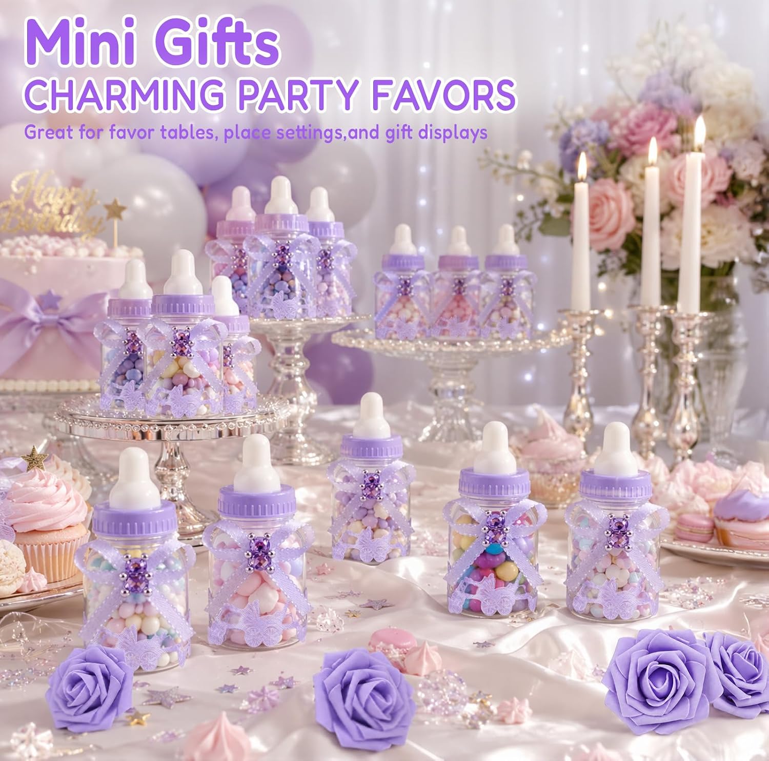 24Pcs Baby Bottle Candy Boxes 3.5"+ 5 Artificial Roses Baby Shower Favors