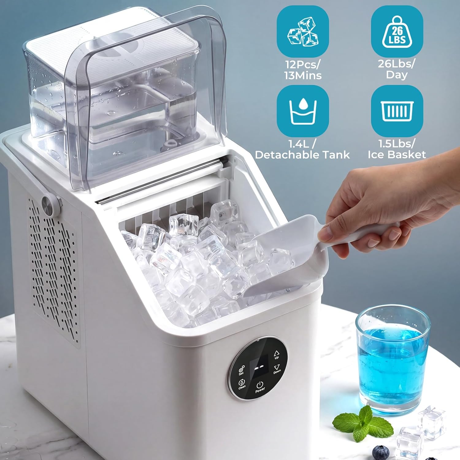 Electactic Countertop Ice Cube Maker, Datchable Water Tank, 26Lbs/Day