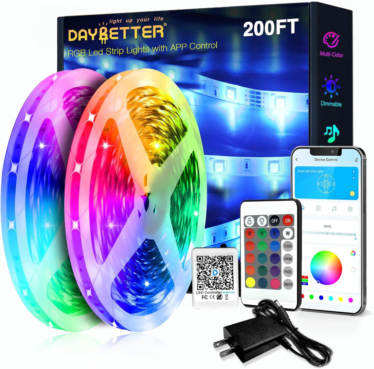 DAYBETTER LED Strip Lights 200ft 2 * 100ft RGB Music Sync Smart App Control