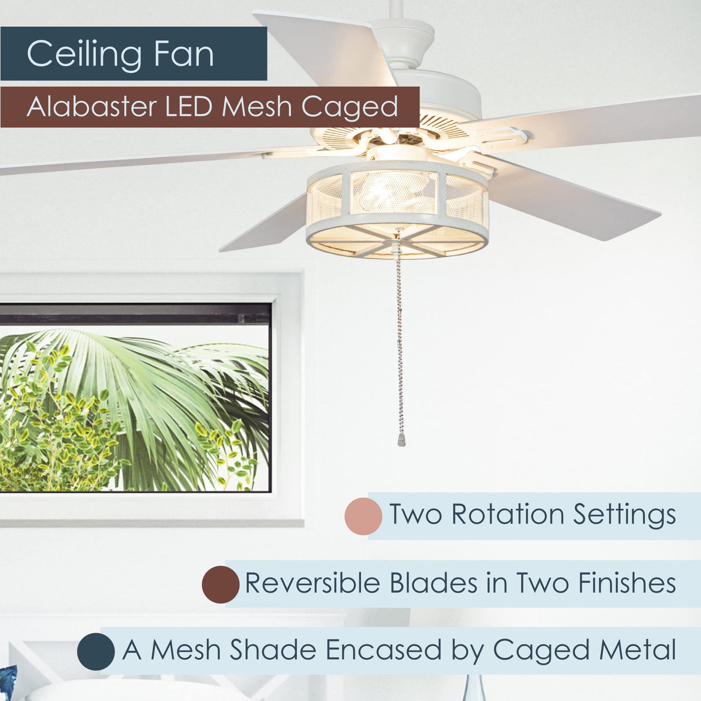 RIVER OF GOODS Alabaster LED Mesh Caged Ceiling Fan - 52" L X 52" W - White/Oak Wood-Grain Blades