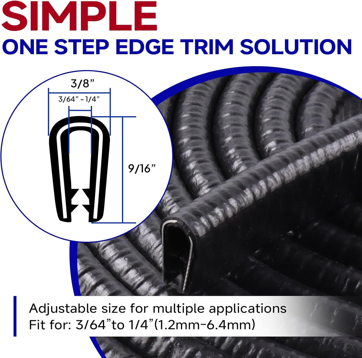 Rubber Edge Trim, U Channel Edge Trim with Metal Clips Edge Guard Protector, PVC Rubber Seal Strip for Sheet Metal, Car Doors, Hatches, Table Corners, Fit 3/64" to 1/4"(1.2mm-6.4mm), 32Ft, Black