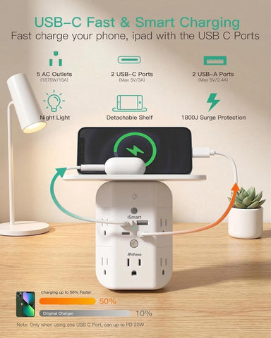Mifaso PD20W Outlet Extender with Shelf & Night Light, Surge Protector