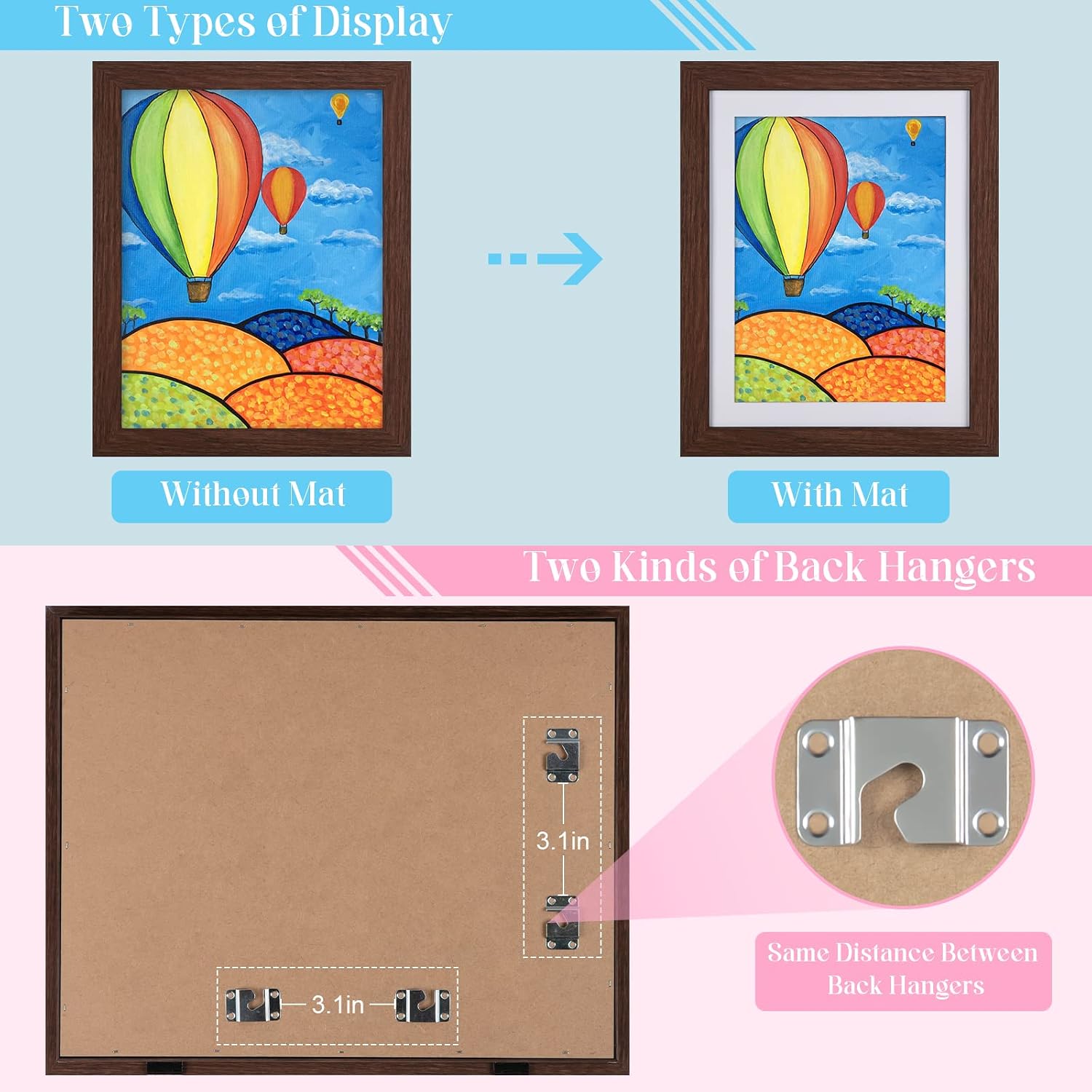 2-Pack Kids Art Frames, 11x14 Front Opening Kids Artwork Frames Changeable, Displays 9x12 With Mat and 11x14 Without Mat, Holds 50 Pcs, for 3D Picture, Crafts, Children Drawing, Hanging Art, Portfolio