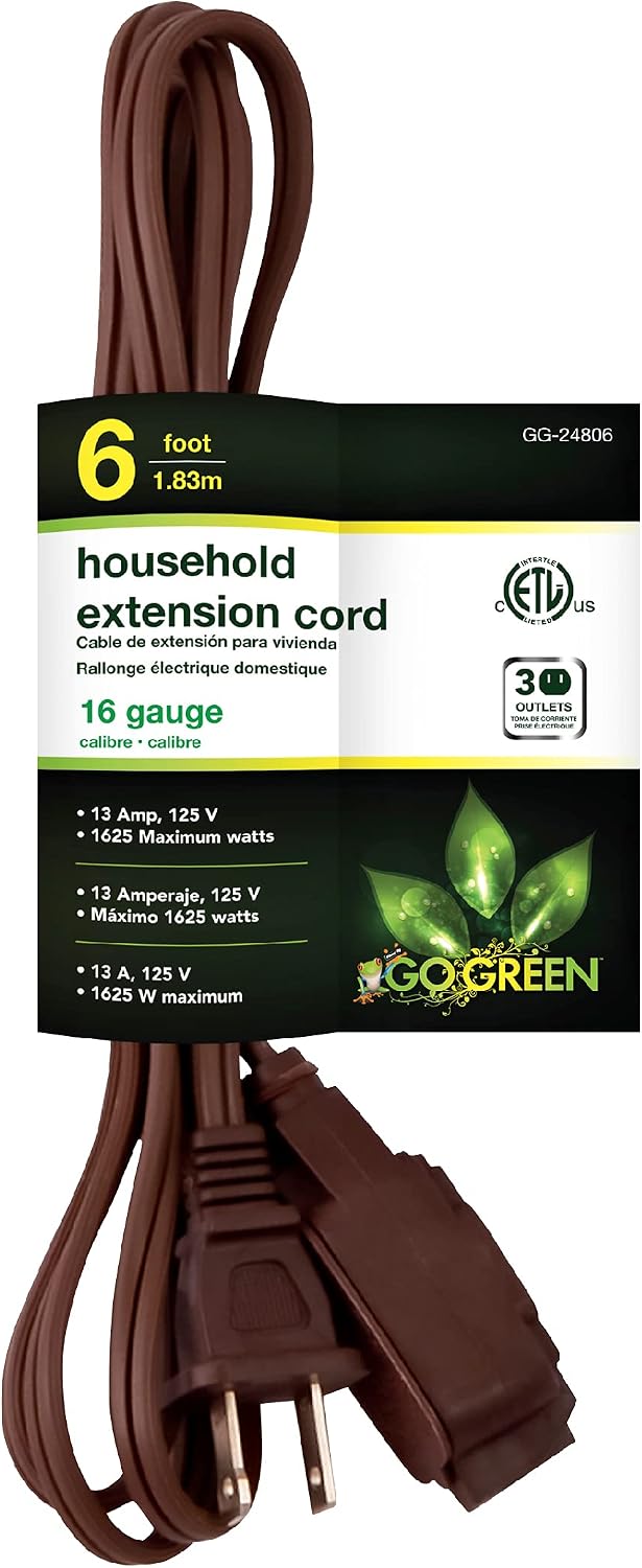 Go Green Power Inc. 16/2 6ft Household Extension Cord with 3 Outlets, Brown - Discreet, Kink-Free, Child Safety Covers for extra protection - Perfect for Daily Use - GG-24806