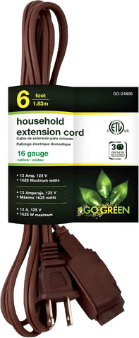 Go Green Power Inc. 16/2 6ft Household Extension Cord with 3 Outlets, Brown - Discreet, Kink-Free, Child Safety Covers for extra protection - Perfect for Daily Use - GG-24806