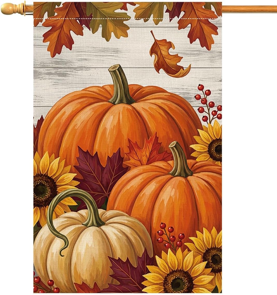 Fall Pumpkin Farmhouse House Flag 28x40 Sunflowers Maple Leaves Yard Decor