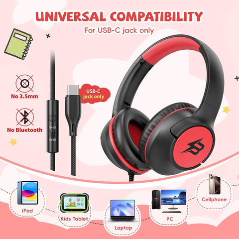 USB C Headphones Wired for Kids, 85/94dB Volume Limit With Mic, Black Red