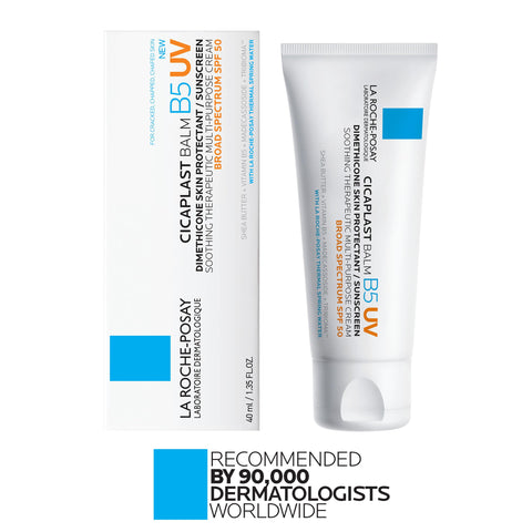 La Roche-Posay Cicaplast Balm B5 UV SPF 50, Vitamin B5 + Shea Butter + Tribioma + Madecassoside + Zinc Oxide Sunscreen, Post Treatment Skin Protectant With SPF, Multi-Purpose Cream For Dry Skin