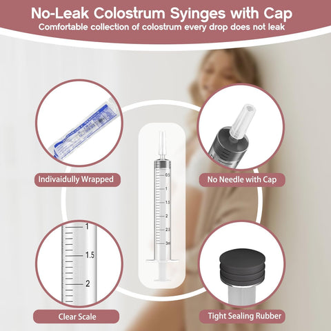 20 Sets 5ml Colostrum Collector with Caps, Colostrum Collection Kit Includes 20pcs Sterile Syringes, 2 Measuring Cup, 2 Storage Bags, 20 Labels (No Needle Breast Milk Syringe )