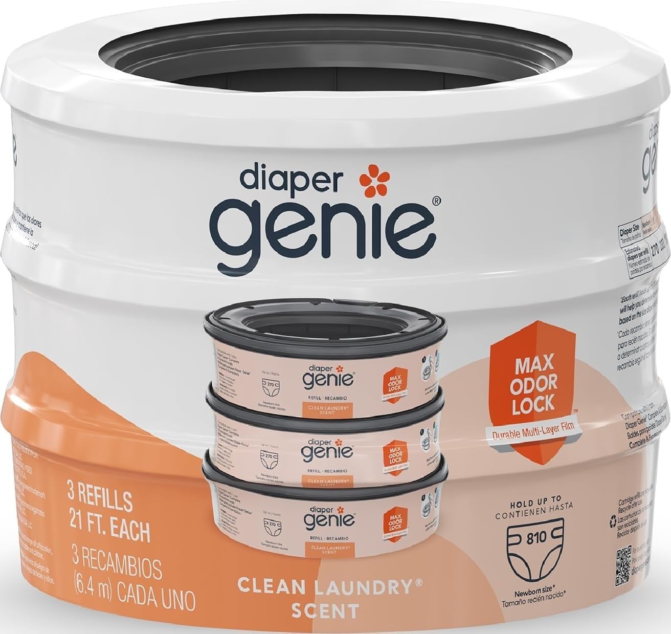Diaper Genie Bags Refills 270 Count (Pack of 3) Clean Laundry Scent | Diaper Pail Refills with Max Odor Lock | Holds up to 810 Newborn Diapers