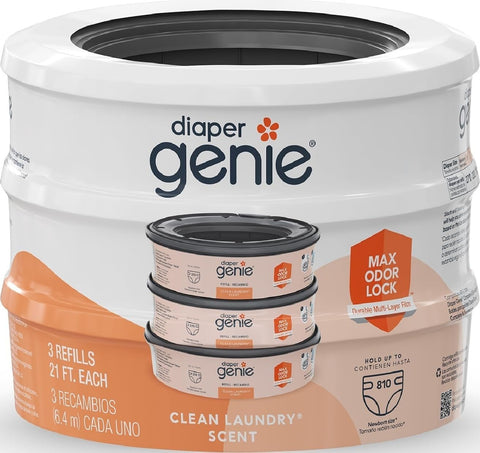 Diaper Genie Bags Refills 270 Count (Pack of 3) Clean Laundry Scent | Diaper Pail Refills with Max Odor Lock | Holds up to 810 Newborn Diapers