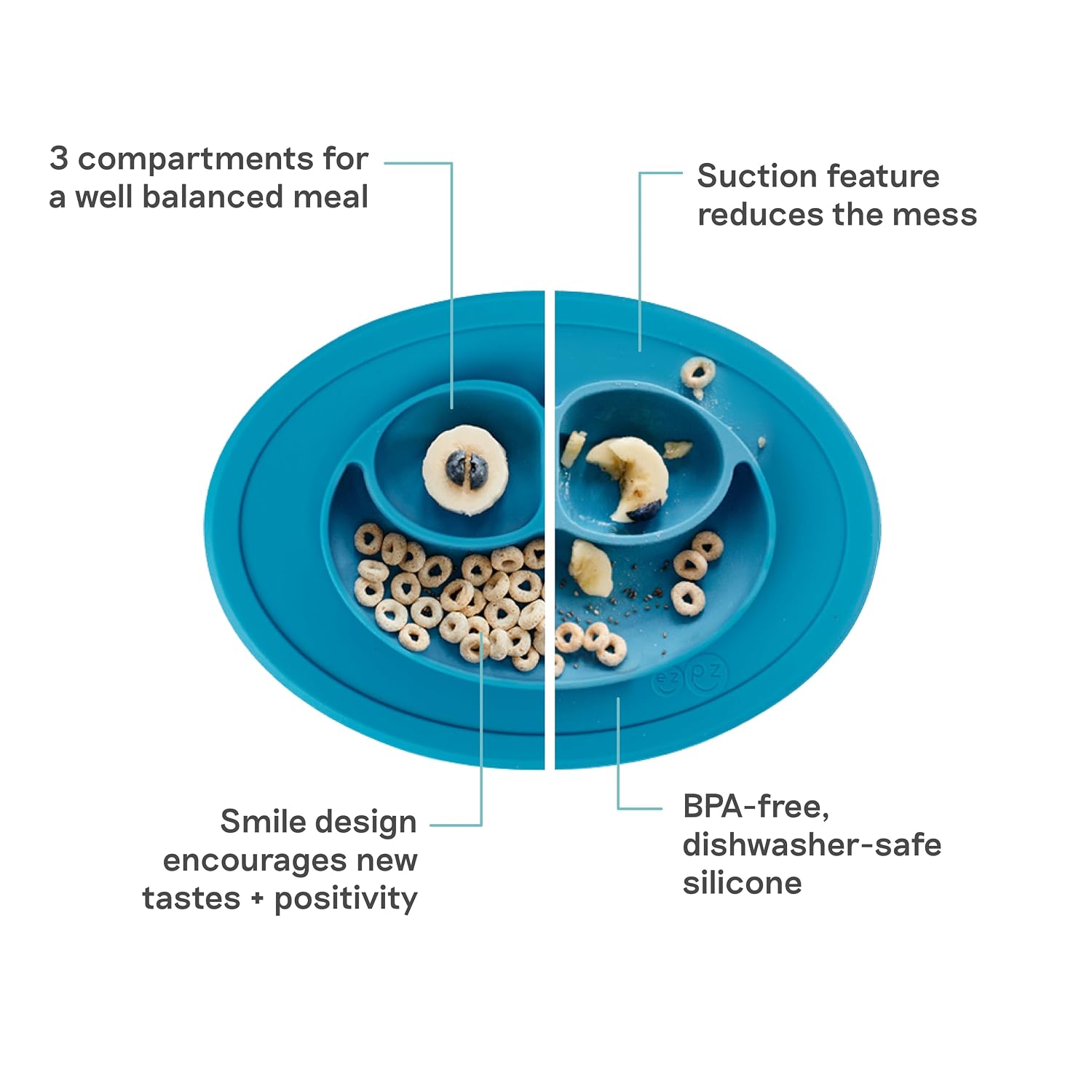 ezpz Mini Mat (Blue) - 6 -12 Months+ - 100% Silicone Suction Placemat + Divided Plate with Three Compartments - Supports Baby-Led Weaning - Designed for Highchair, Table, and Travel
