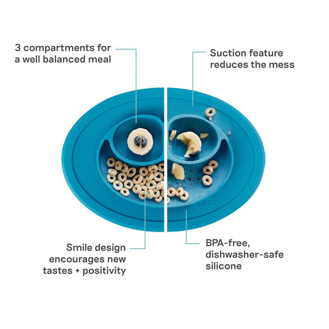 ezpz Mini Mat (Blue) - 6 -12 Months+ - 100% Silicone Suction Placemat + Divided Plate with Three Compartments - Supports Baby-Led Weaning - Designed for Highchair, Table, and Travel
