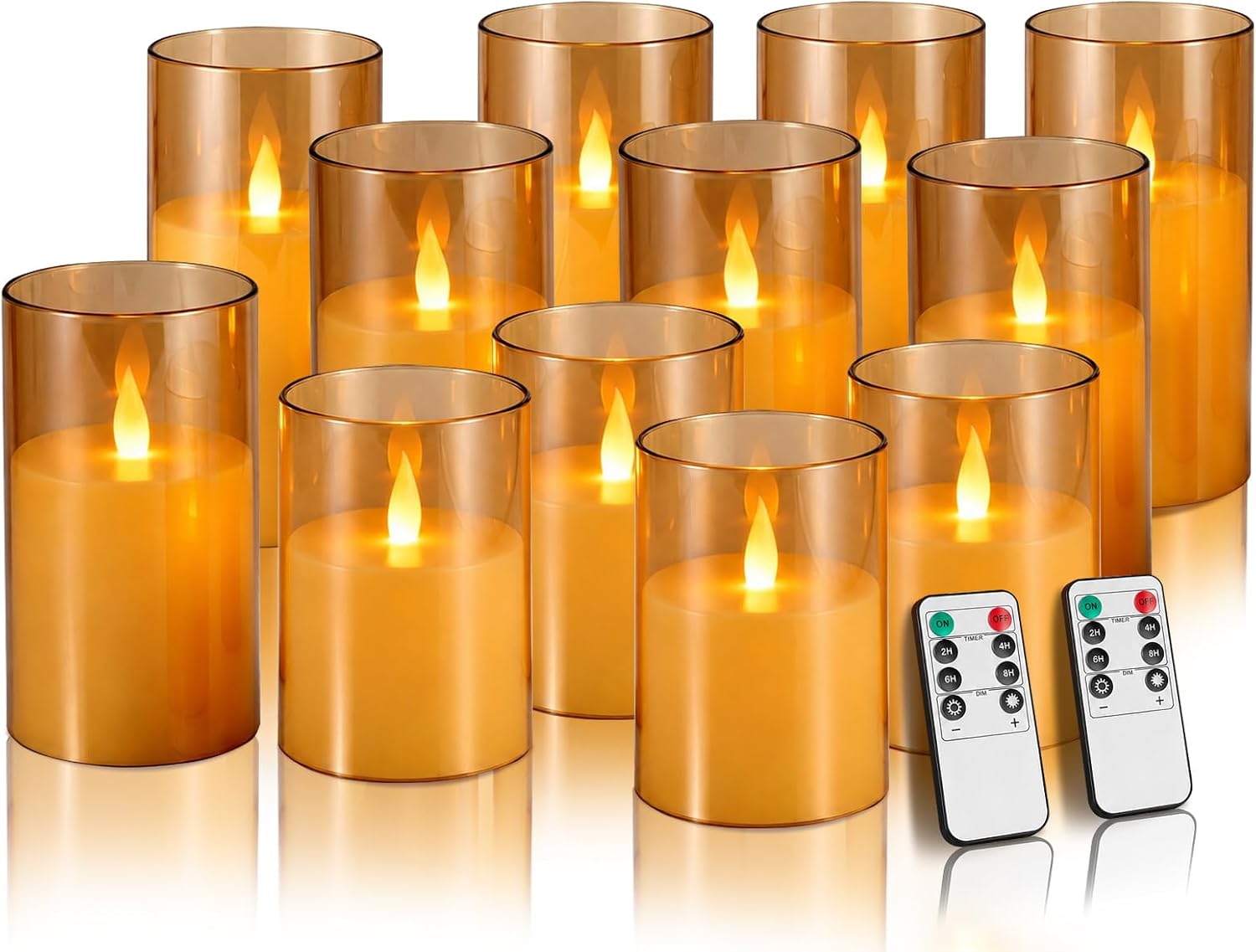 Flameless Candles with Moving Climbing Flame, 12-Pack 4" 5" 6"H LED Pillar Candles, 8-Key Remote, Battery Operated (2 AA Not Included), Bulk Decor for Weddings, Banquets & Grand Events (Amber Ivory)