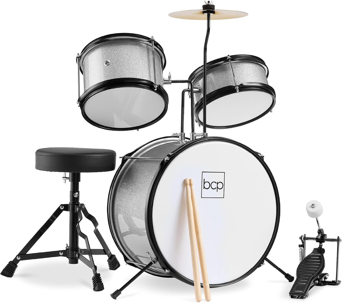 Best Choice Products 3-Piece Beginner Drum Set for Kids Juniors, w/Throne Stool, Cymbal, Drum Sticks, Bass Drum Pedal, 2 Toms - Silver Sparkle