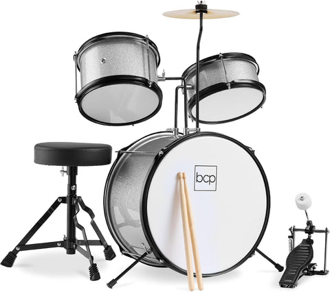 Best Choice Products 3-Piece Beginner Drum Set for Kids Juniors, w/Throne Stool, Cymbal, Drum Sticks, Bass Drum Pedal, 2 Toms - Silver Sparkle