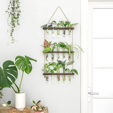 Mkono Plant Propagation Station, 3 Tier Brown Wall Hanging Vase Test Tubes