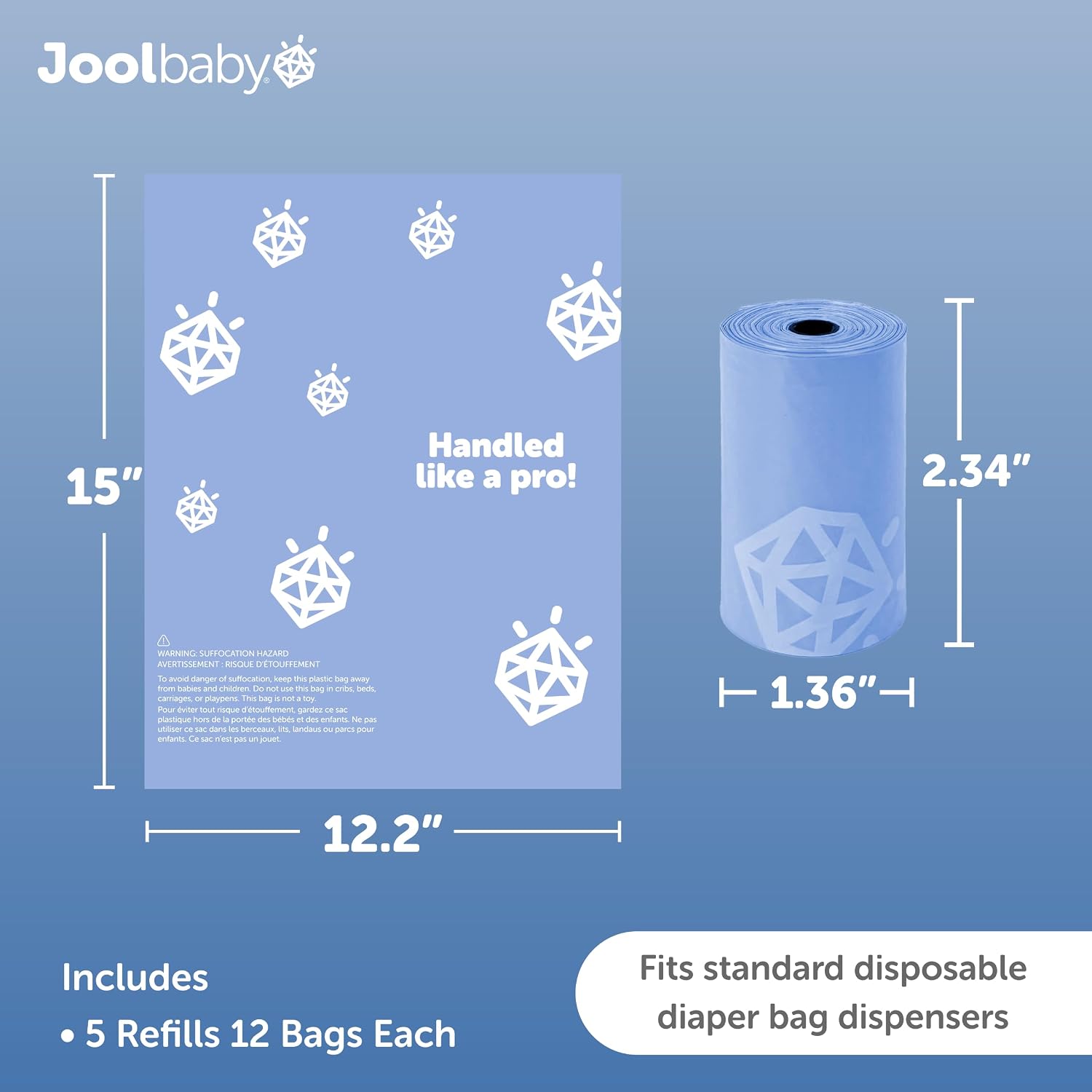 Jool Baby Disposable Diaper Bag Refills for Diaper Bag Dispenser (12 Rolls, 144 Count) – Lavender-Scented Odor-Controlling Diaper Sacks – Fits Any On-the-Go Dispenser