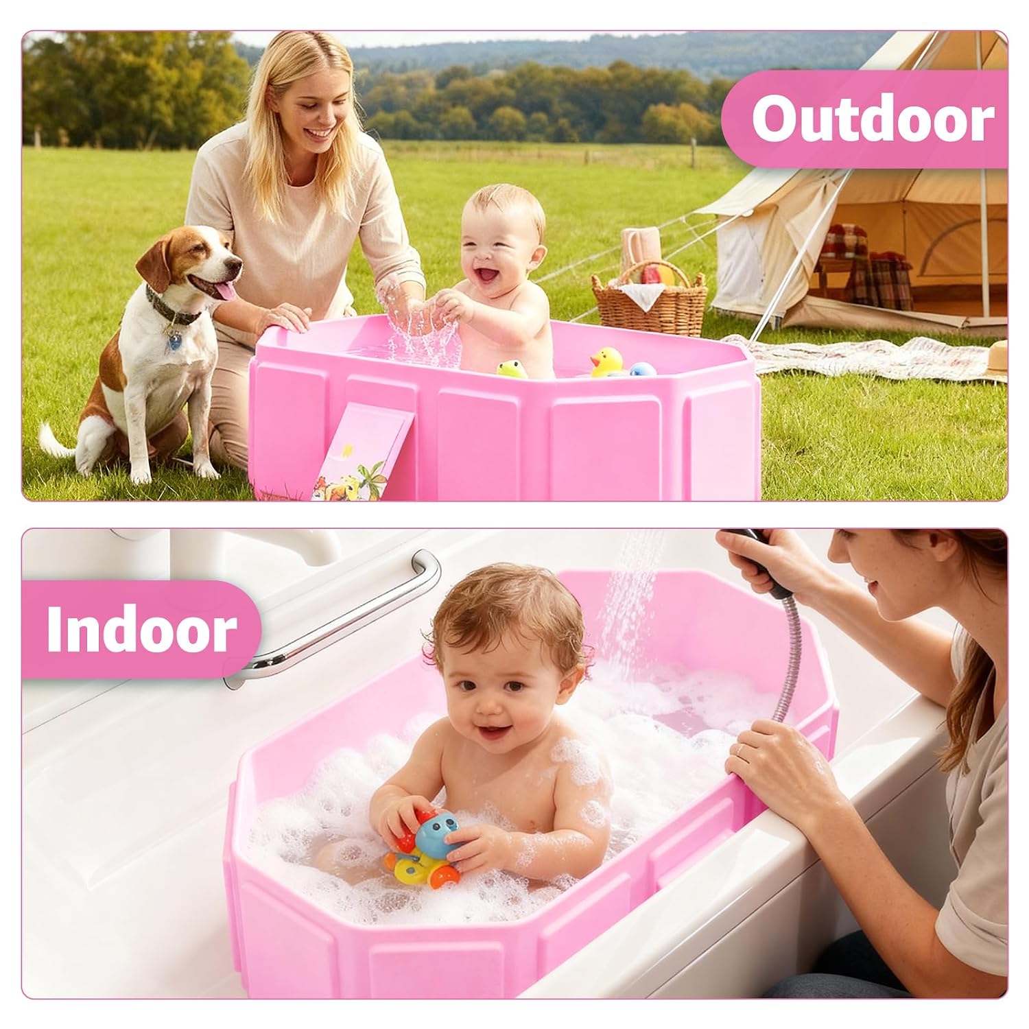Collapsible Baby Bathtub, Toddler Bathtub with Drain Plug, Pink