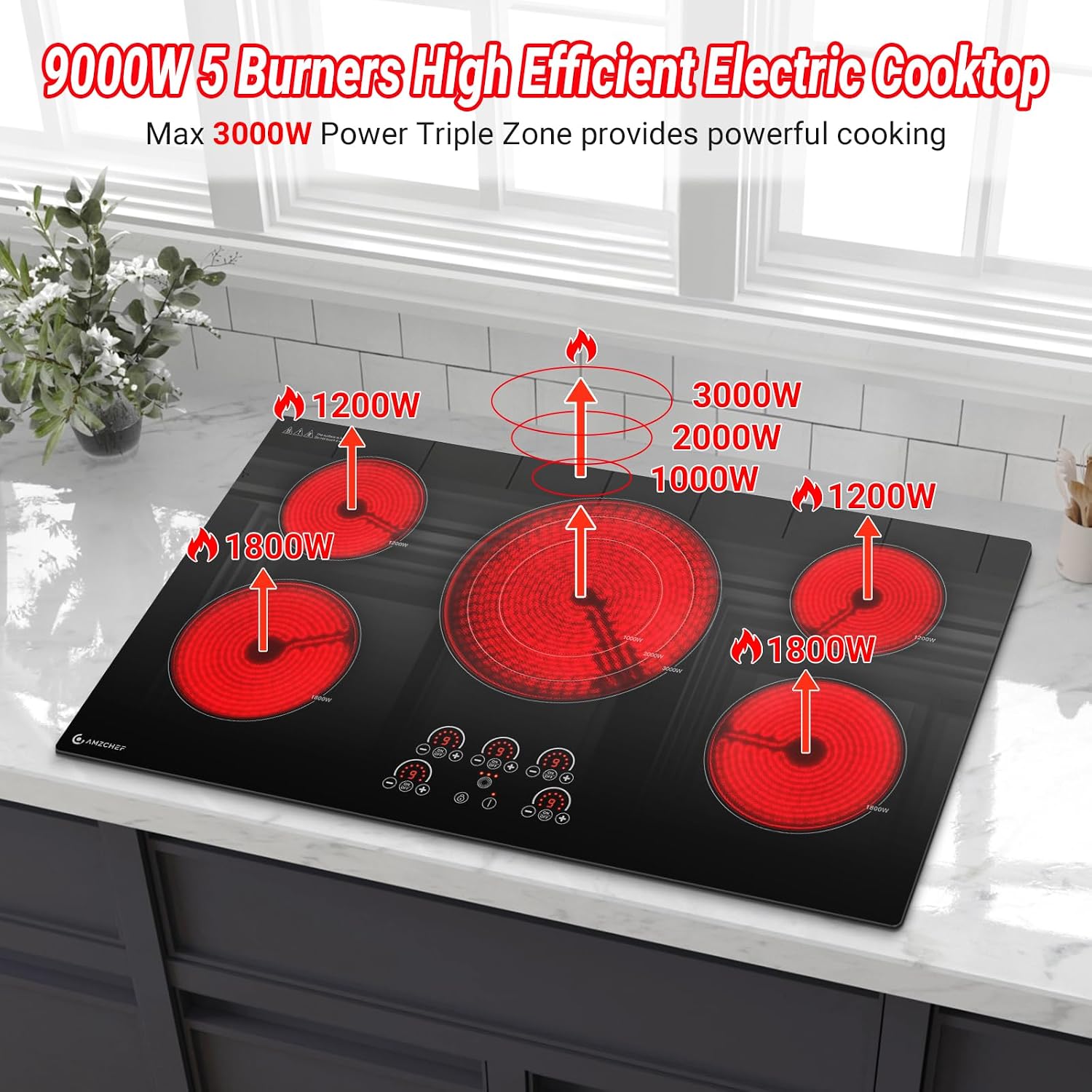 AMZCHEF 36" Electric Cooktop, 5 Burners, 9000W, Touch Control, Built-in