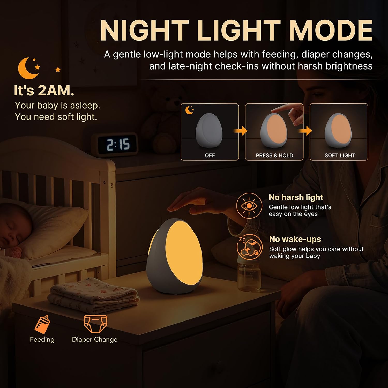 G Keni Egg Light for Kids Nursery, Rechargeable Baby Night Light with No Flashing Blue Indicator, 1800mAh Battery, Battery-Saving Bypass Power, Touch Control, RGB Light, Timer & Memory