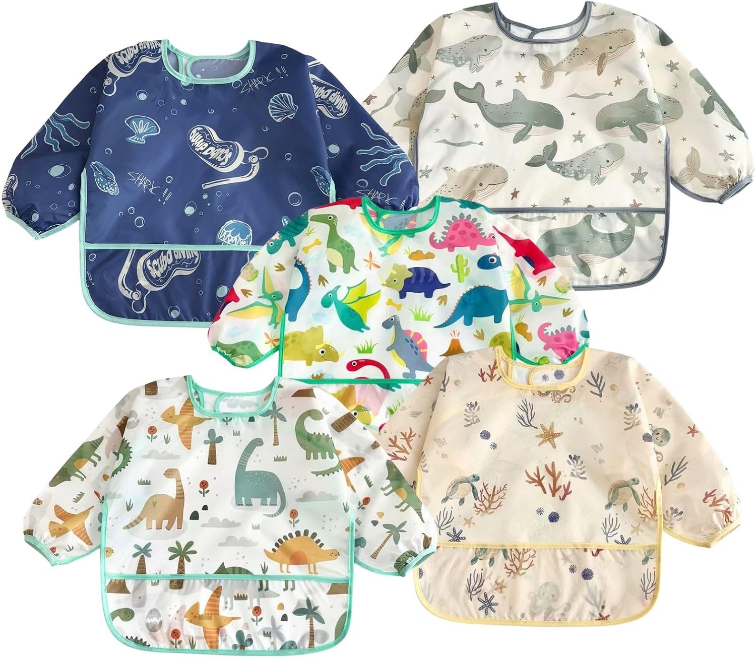 PandaEar 5 Pack Baby Long Sleeve Bibs| Waterproof Full Sleeve Bib for Baby Infant Toddler 6-36 Months