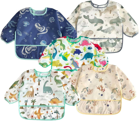 PandaEar 5 Pack Baby Long Sleeve Bibs| Waterproof Full Sleeve Bib for Baby Infant Toddler 6-36 Months