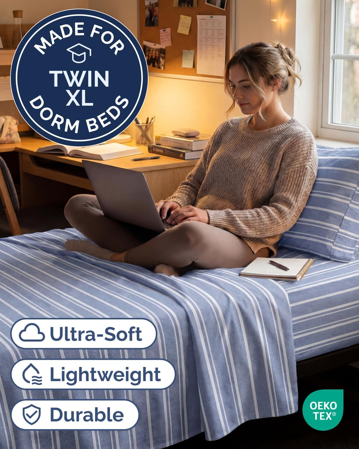 Twin XL 3 Piece Sheet Set - College Dorm Room Essentials - Blue Stripes